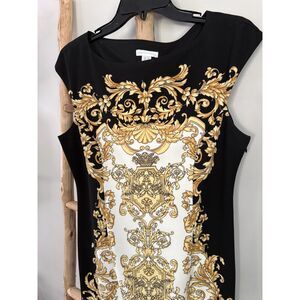 London Times Sheath Dress Size 10 Black Gold Baroque Print Cap Sleeve Cocktail
